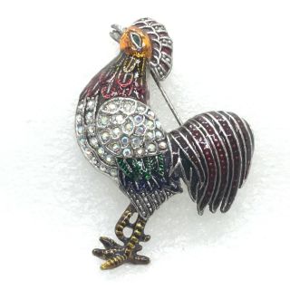 Vintage Rooster Brooch Pin Enamel Ab Rhinestone Costume Jewelry
