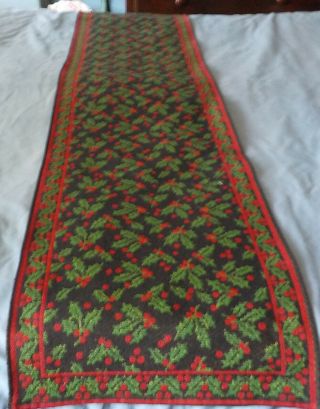 Vintage Cotton Blend Christmas Tapestry Style Table Runner W Holly Leaves 68 " Lg
