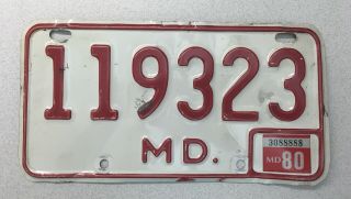 1976 - 1980 Maryland Motorcycle License Plate 119323 Red On White