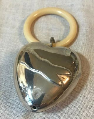 Vtg Silver Plated Baby Rattle Heart With Celluloid Teething Ring No Mono