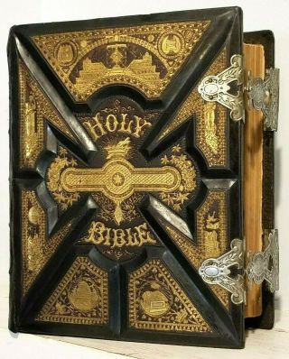 Antique 1884 Family Parallel Holy Bible Apocrypha Restored With Clasps H1
