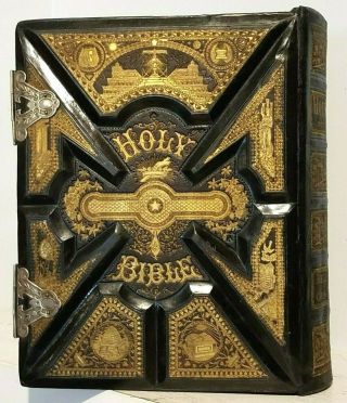 antique 1884 Family Parallel Holy Bible Apocrypha RESTORED with Clasps h1 3