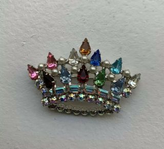 Vintage B.  David Rhinestone Crown Brooch 2”