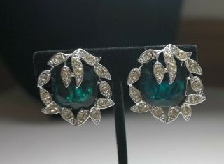183 Vintage Sarah Coventry Clip Earrings Silver With Deep Blue/green Stone