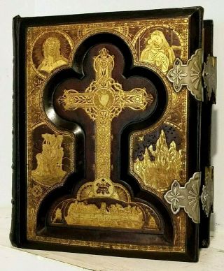 Antique 1882 Catholic Family Bible Douay Rheims Clasp Family Restored Big G9