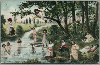 Multiple Babies Swimming & Fishing In Lake Vintage Postcard