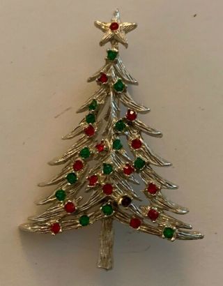 Vintage Silver Tone Rhinestone Sarah Coventry Christmas Tree Brooch Pin Jewelry
