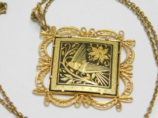 Large Vintage Damascene Bird Floral Etched Black Gold Tn Chain Pendant Necklace