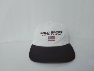 Vtg.  Polo Sport By Ralph Lauren White - Dark Navy Blue Cap Hat Rl Flag Big Logo