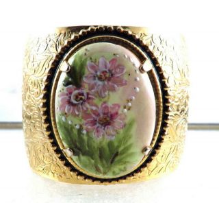 Wide Vintage Cuff Bracelet Painted Porcelain Gold Tone Cuff Detailed Floral