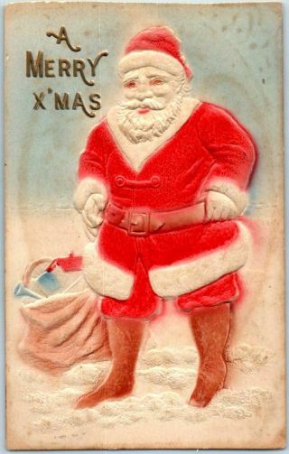 Vintage 1908 Christmas Embossed Postcard / Airbrushed Santa Claus & Bag Of Toys