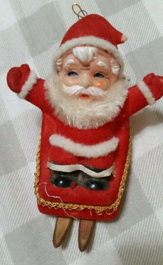 Vintage Flocked Christmas Ornament Santa With Fuzzy Beard On A Sleigh