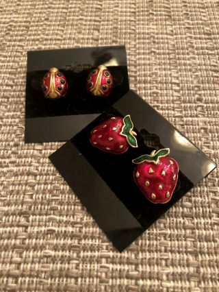 Vintage Avon Two Pierced Earrings Ladybug & Strawberries