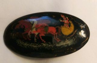 Vintage Russian Black Lacquer Hand Painted Christmas Brooch Pin Horse Sleigh