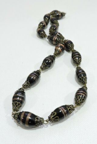 Vintage Black And Gold Lampwork Art Glass Bead Necklace No19223