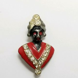 Vintage Small Red Enamel And Rhinestone Black Face Woman And Headwrap Brooch Pin
