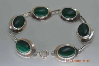 Vintage Sterling Silver Green Malachite 7 1/2 " Bracelet 17 Grams