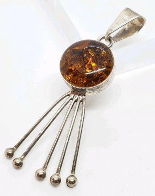 Ornate Vintage Signed 925 Sterling Silver Mexico Baltic Amber Dangle Pendant