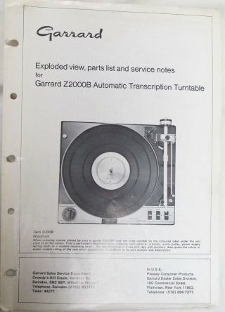 Exploded View Parts List & Service Notes For The Garrard Zero 2000 B Turntable
