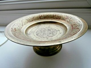 Vintage Heavy Solid Indian Brass Bowl Engraved Red And Black Enamel 7 " Diameter