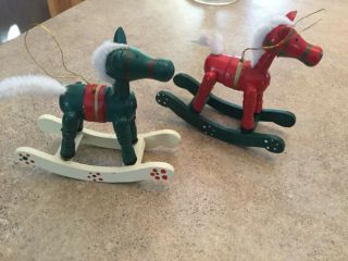 Vintage Rocking Horse Chrismas Ornaments - Wooden Red And Green 3 3/4”