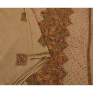 Tcw Vintage Cream Saree Pure Silk Hand Beaded Craft Fabric Premium Sari