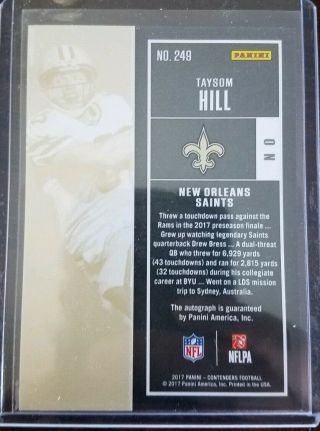 2017 Contenders Auto Taysom Hill Rookie Ticket Autograph 2