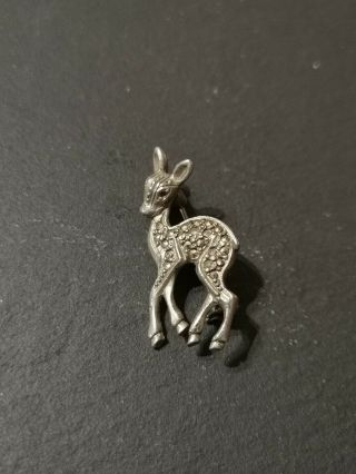 Vintage Kitsch Silver Tone Tiny Marcasite Brooch - Deer,  Fawn,  Bambi
