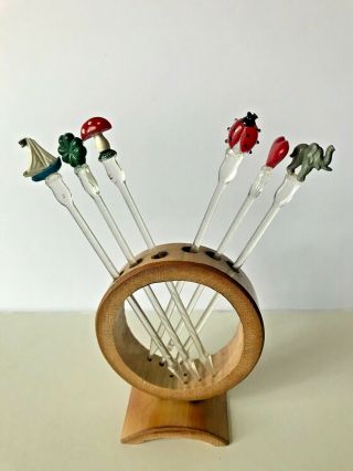Vintage Mid Century German Cocktail Food Picks / Sticks With Wooden Stand