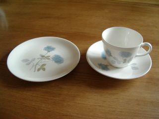 Vintage Wedgwood Bone China Tea Trio - - Blue Ice Rose Pattern.