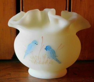 Vintage Fenton Cream Satin Glass Ruffled Edge Handpainted L.  Mcmullen Vase