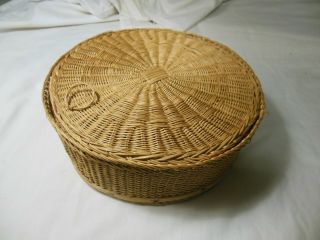 Vintage Wicker Plate Storage Basket With Lid,  Wood Base,