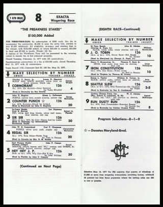 SEATTLE SLEW - 1977 PREAKNESS STAKES HORSE RACING PROGRAM 2