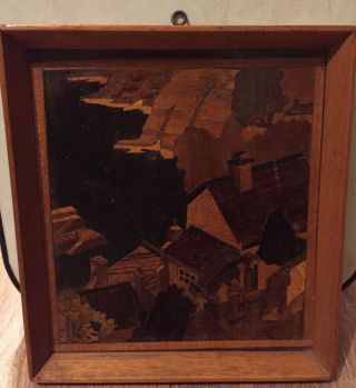 Vintage Marquetry Inlaid Wooden Picture Village Costal Coast