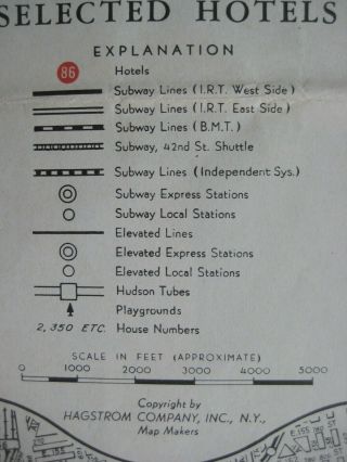 Vintage 1940 YORK CITY Transit Map Subway Elevated Lines Hudson Tubes Hotels 3