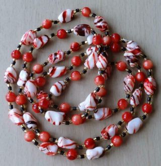 Vintage Long Red Black & White Murano Style Bead Necklace