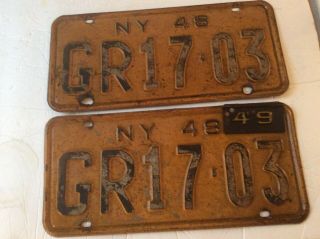 Vintage Matching Set Of 1948 York State License Plates With 1949 Exp.  Tag