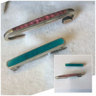 Vintage Art Deco Jewellery Sterling Silver Turquoise & Red Stone Bar Brooches