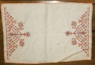 Vintage Linen Doilie With Red,  Pale Blue & Yellow Floral Design 17 " X 11 "