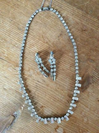 Lovely Vintage Faux Diamond Necklace And Screw Back Earring Set - Approx 1950 