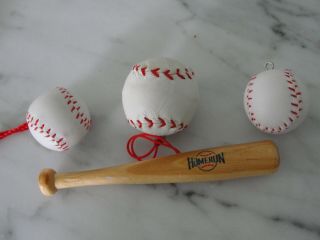 Vtg Wood Baseball Bat & Ball Ornament & 2 Extra Mini Baseballs