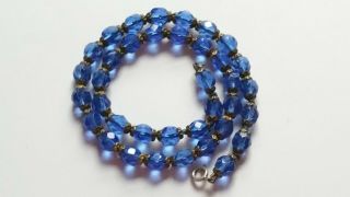 Czech Vintage Art Deco Hand Knotted Blue Glass Bead Necklace Metal Bead Caps