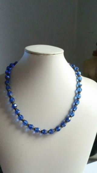 Czech Vintage Art Deco Hand Knotted Blue Glass Bead Necklace Metal Bead Caps 2