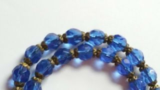 Czech Vintage Art Deco Hand Knotted Blue Glass Bead Necklace Metal Bead Caps 3
