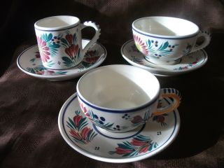 Vintage Henriot Quimper France Fleuri Set Of 3 Assorted Cups & Saucers