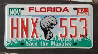 Single Florida License Plate 1997 - Hnx 553 - Save The Manatee -