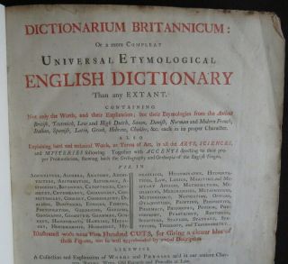 Dictionarium Britannicum 1730 Bailey Millar Etymological English Dictionary