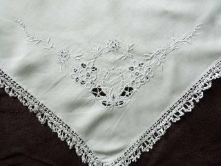 Old/vintage Hand Embroidered Tablecloth,  White Work Detail To Corners,  Lace Trim