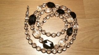 Czech Vintage Art Deco Long Clear And Black Facet Cut Glass Bead Necklace