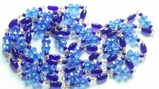 Czech Very Long Two Tone Blue Glass Bead Necklace Vintage Deco Style